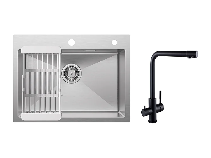 Évier Cuisine 1 Bac 60×45×18CM Évier Inox Brossé avec Panier de Drainage + Mitigeur Evier à 3 Voies, 2 Leviers, Noir