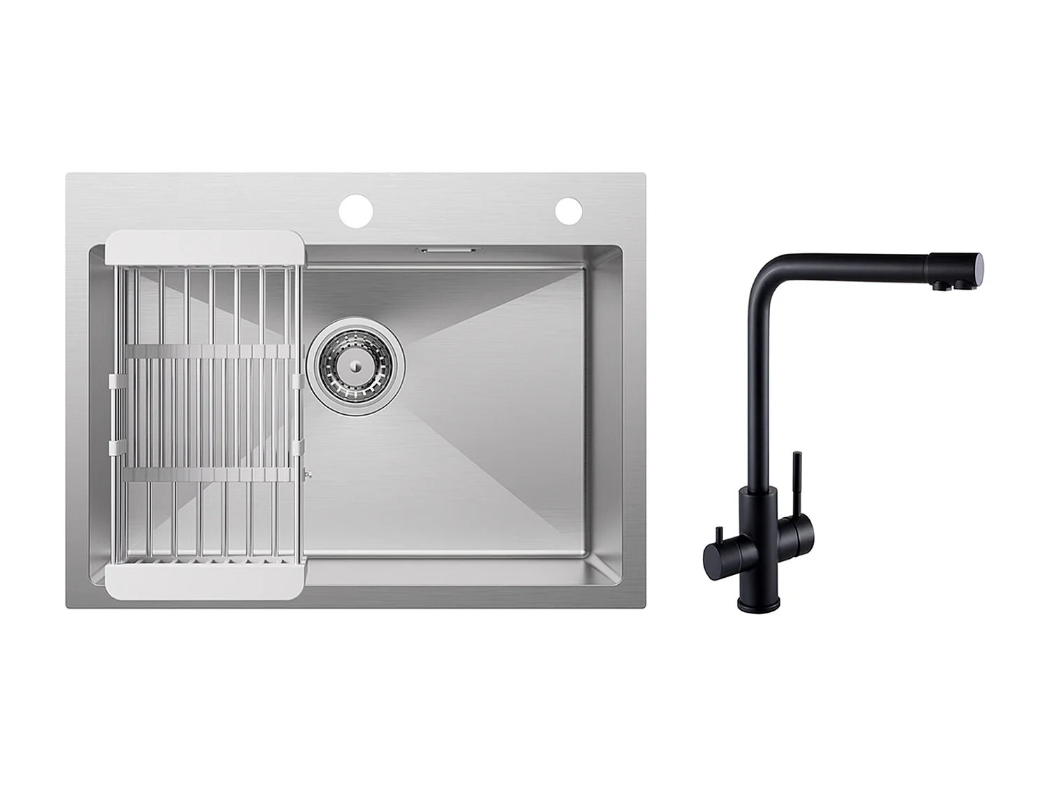 Évier Cuisine 1 Bac 60×45×18CM Évier Inox Brossé avec Panier de Drainage + Mitigeur Evier à 3 Voies, 2 Leviers, Noir