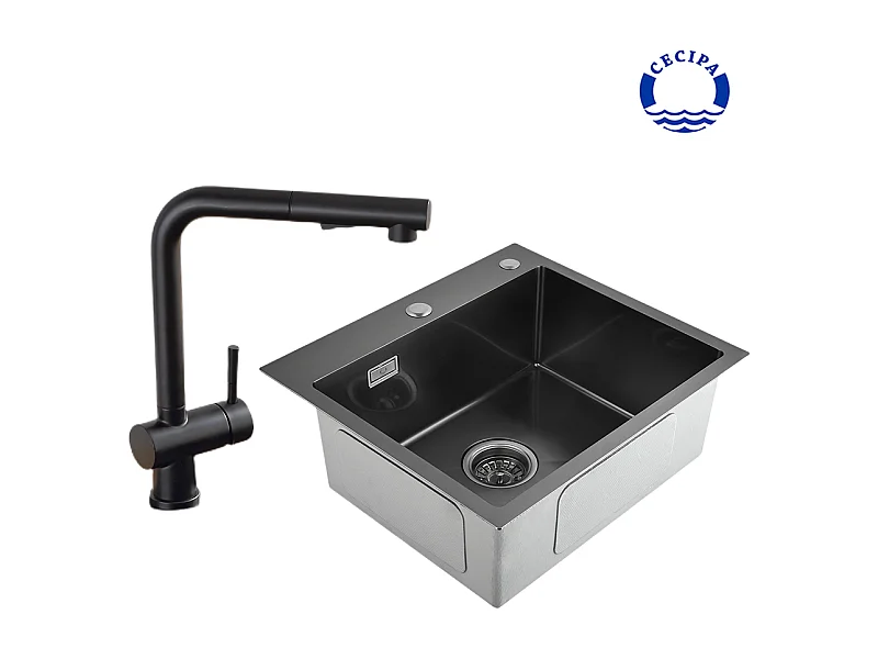 Cecipa max Évier de Cuisine Noir gris 1 Bac avec Siphon et Trop-Plein + Robinet de Cuisine Extractible Noir avec Douchette Bec Rotatif