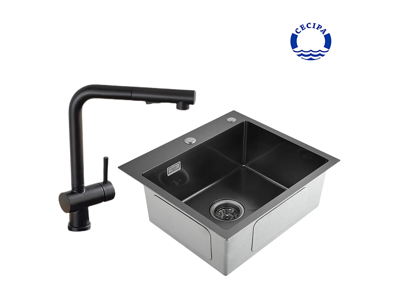 Cecipa max Évier de Cuisine Noir gris 1 Bac avec Siphon et Trop-Plein + Robinet de Cuisine Extractible Noir avec Douchette Bec Rotatif