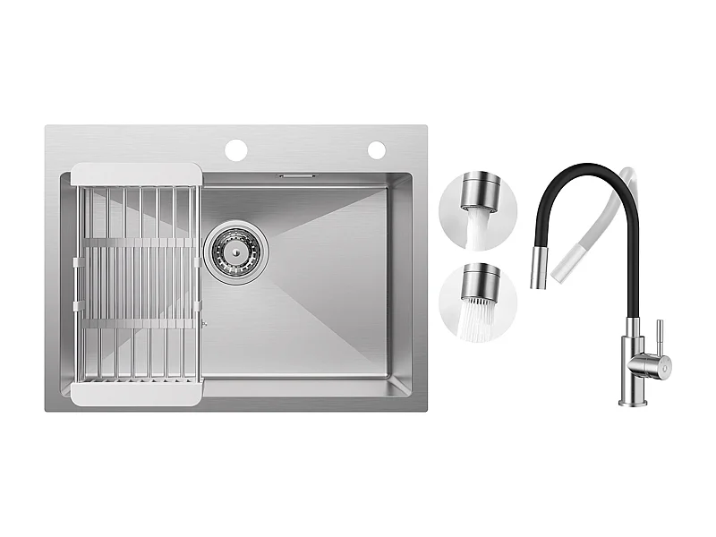 CECIPA MAX Évier 1 Bac 60×45cm Évier Inox Brossé avec Panier de Drainage + Flexible Mitigeur de Cuisine, 2 Types de Jets  Robinet Extractible Brossé