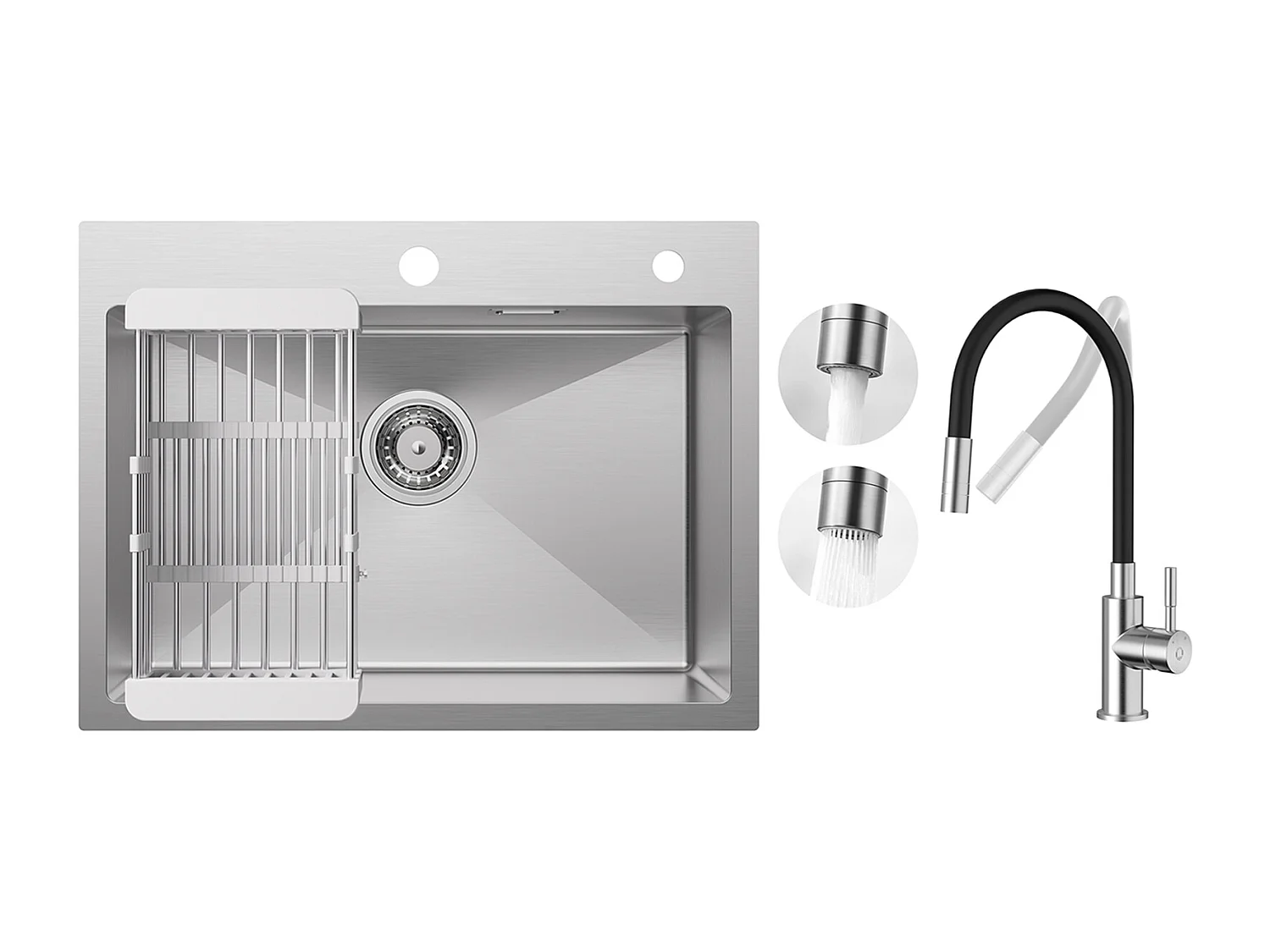 CECIPA MAX Évier 1 Bac 60×45cm Évier Inox Brossé avec Panier de Drainage + Flexible Mitigeur de Cuisine, 2 Types de Jets  Robinet Extractible Brossé