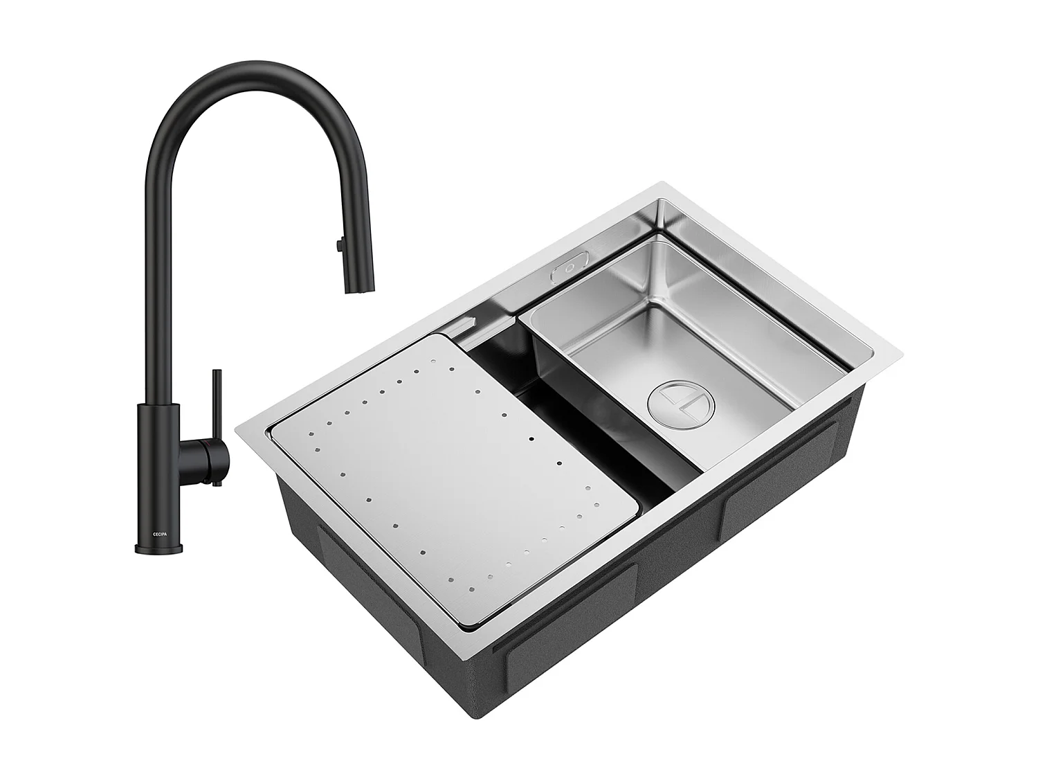 CECIPA MAX Fregadero 1 Seno 70×44cm Fregadero Cepillado con Escurridor y Lavabo + Grifo de Cocina Monomando con Ducha Extraíble, 2 Modos de Salida de Agua, Negro
