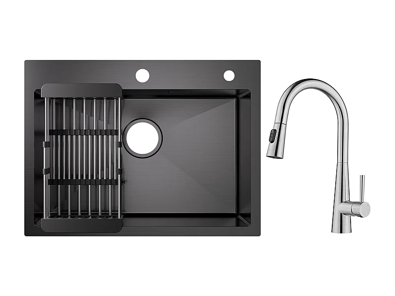 Cecipa max Évier de Cuisine Inox 60×45cm, Évier 1 Bac avec Panier de Drainage + Mitigeur avec Douchette Extractible, 3 Modes de Sortie D'eau, Brossé