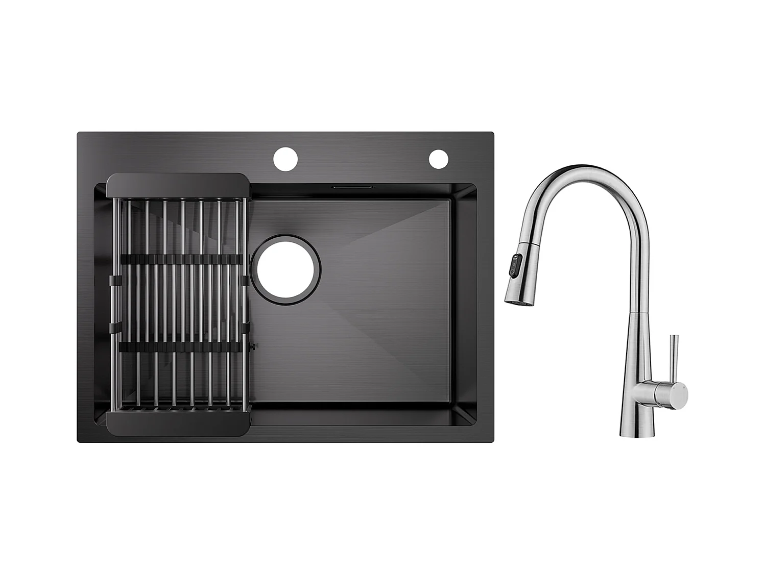 Cecipa max Évier de Cuisine Inox 60×45cm, Évier 1 Bac avec Panier de Drainage + Mitigeur avec Douchette Extractible, 3 Modes de Sortie D'eau, Brossé