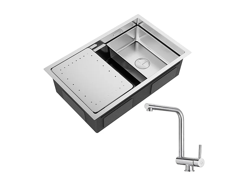 Évier Cuisine 1 Bac 70×44×21CM Évier Inox Brossé avec Egouttoir et Vasque + Mitigeur de Cuisine Rabattable Brossé