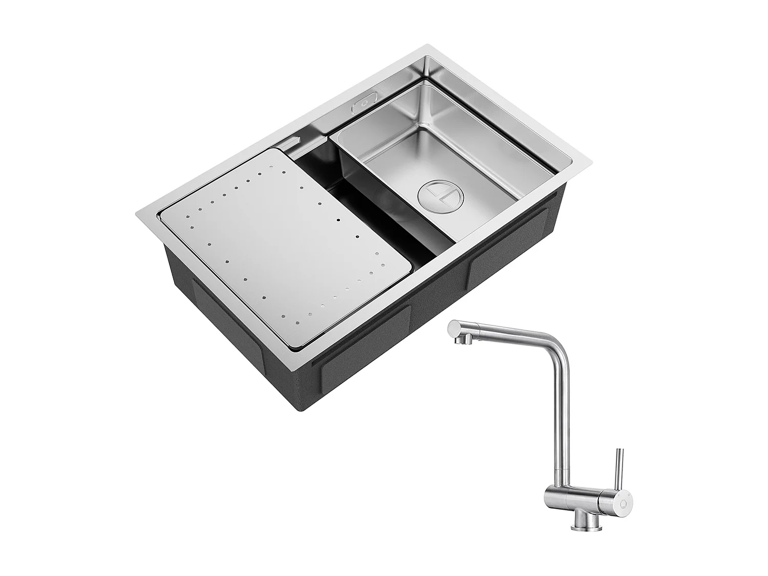 Fregadero de cocina de 1 seno, fregadero de acero inoxidable cepillado de 70×44×21CM con escurridor y lavabo + mezclador de cocina plegable cepillado