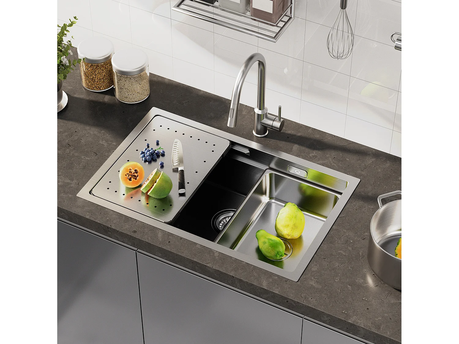 Fregadero de cocina de 1 seno, fregadero de acero inoxidable cepillado de 70×44×21CM con escurridor y lavabo + mezclador de cocina plegable cepillado