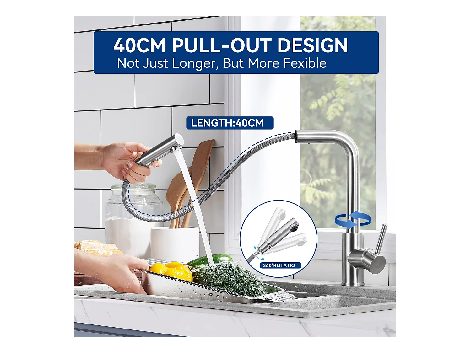 CECIPA MAX  Évier 1 Bac 50*44cm Évier de Cuisine en Inox Brossé + Mitigeur de Cuisine Avec Douchette Extractible, Brossé