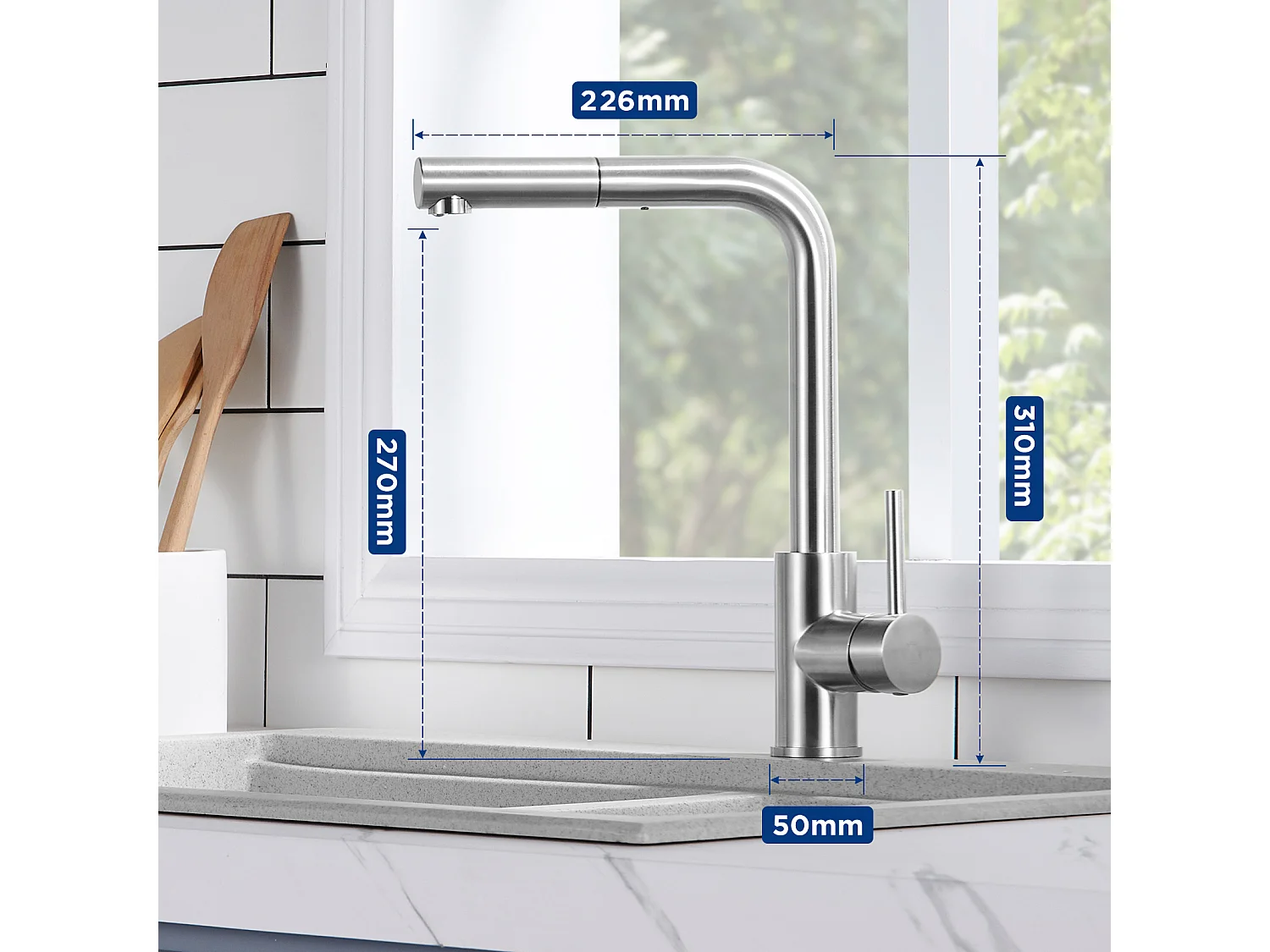 CECIPA MAX  Évier 1 Bac 50*44cm Évier de Cuisine en Inox Brossé + Mitigeur de Cuisine Avec Douchette Extractible, Brossé