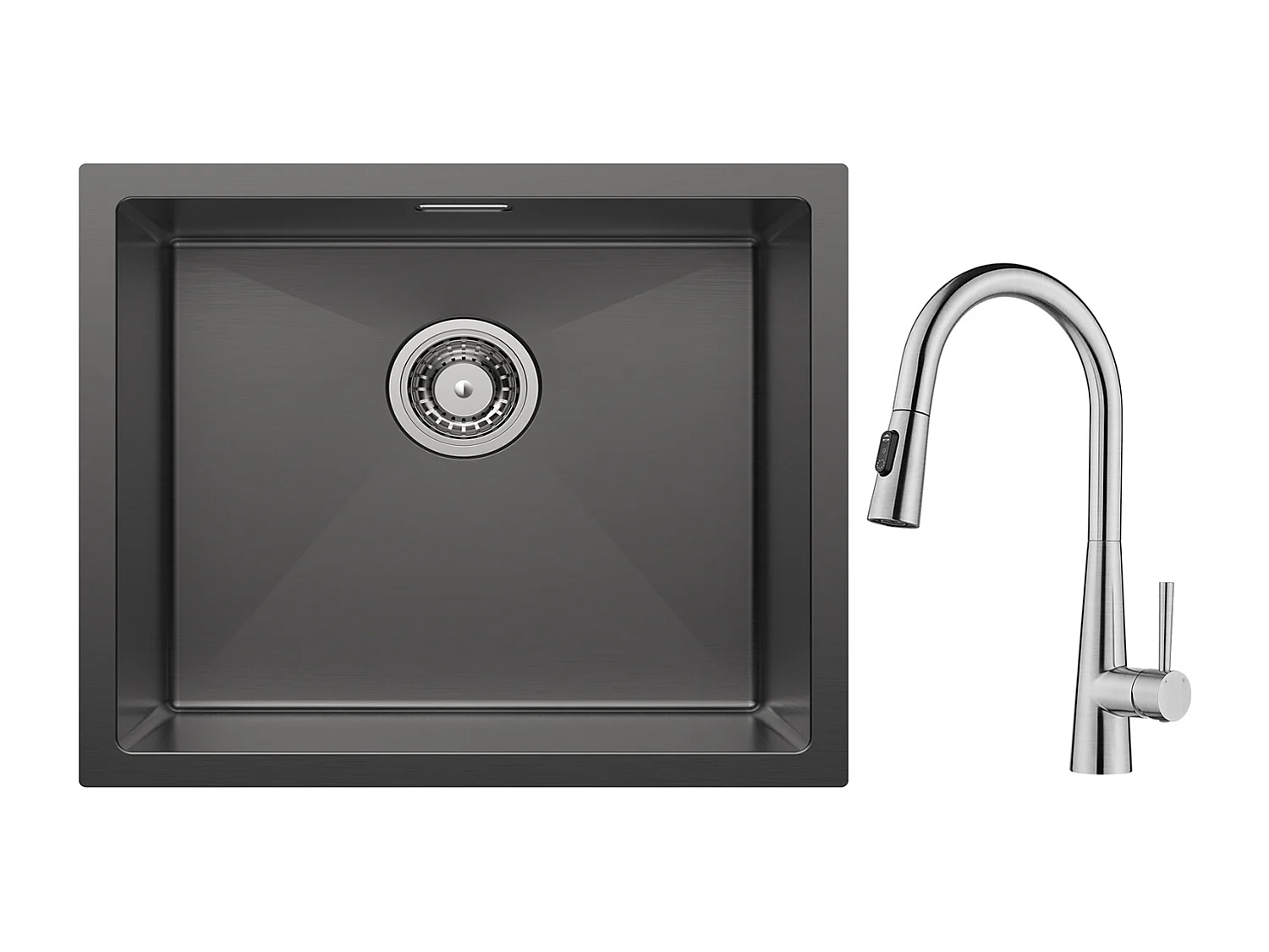 Cecipa max Einzelspüle 50*44cm Anthrazit Schwarz Edelstahl Küchenspüle + Mischbatterie mit ausziehbarer Brause - Mit 3 Wasserauslassmodi - Gebürstet