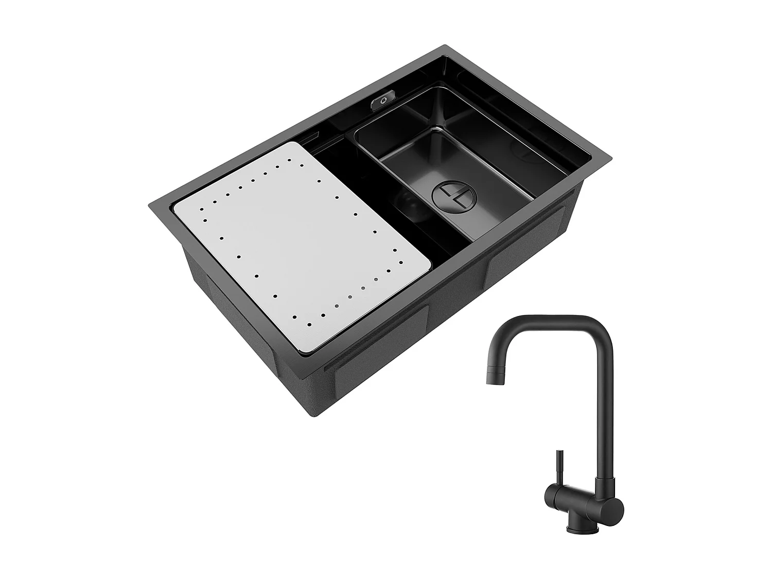 Lavello da cucina Cecipa max 1 vasca 70×44×21 cm Nero Lavello da incasso con gocciolatoio e vasca + Miscelatore pieghevole nero Rubinetto pieghevole sotto finestra