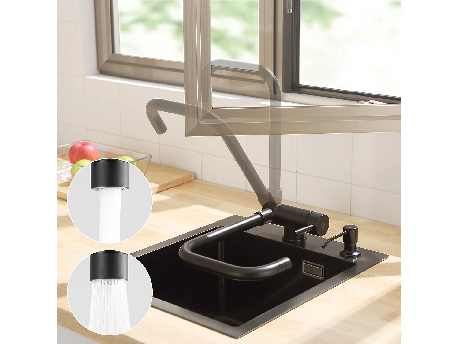 Lavello da cucina Cecipa max 1 vasca 70×44×21 cm Nero Lavello da incasso con gocciolatoio e vasca + Miscelatore pieghevole nero Rubinetto pieghevole sotto finestra