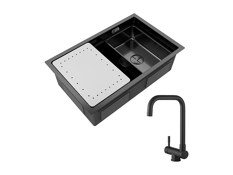 Lavello da cucina Cecipa max 1 vasca 70×44×21 cm Nero Lavello da incasso con gocciolatoio e vasca + Miscelatore pieghevole nero Rubinetto pieghevole sotto finestra
