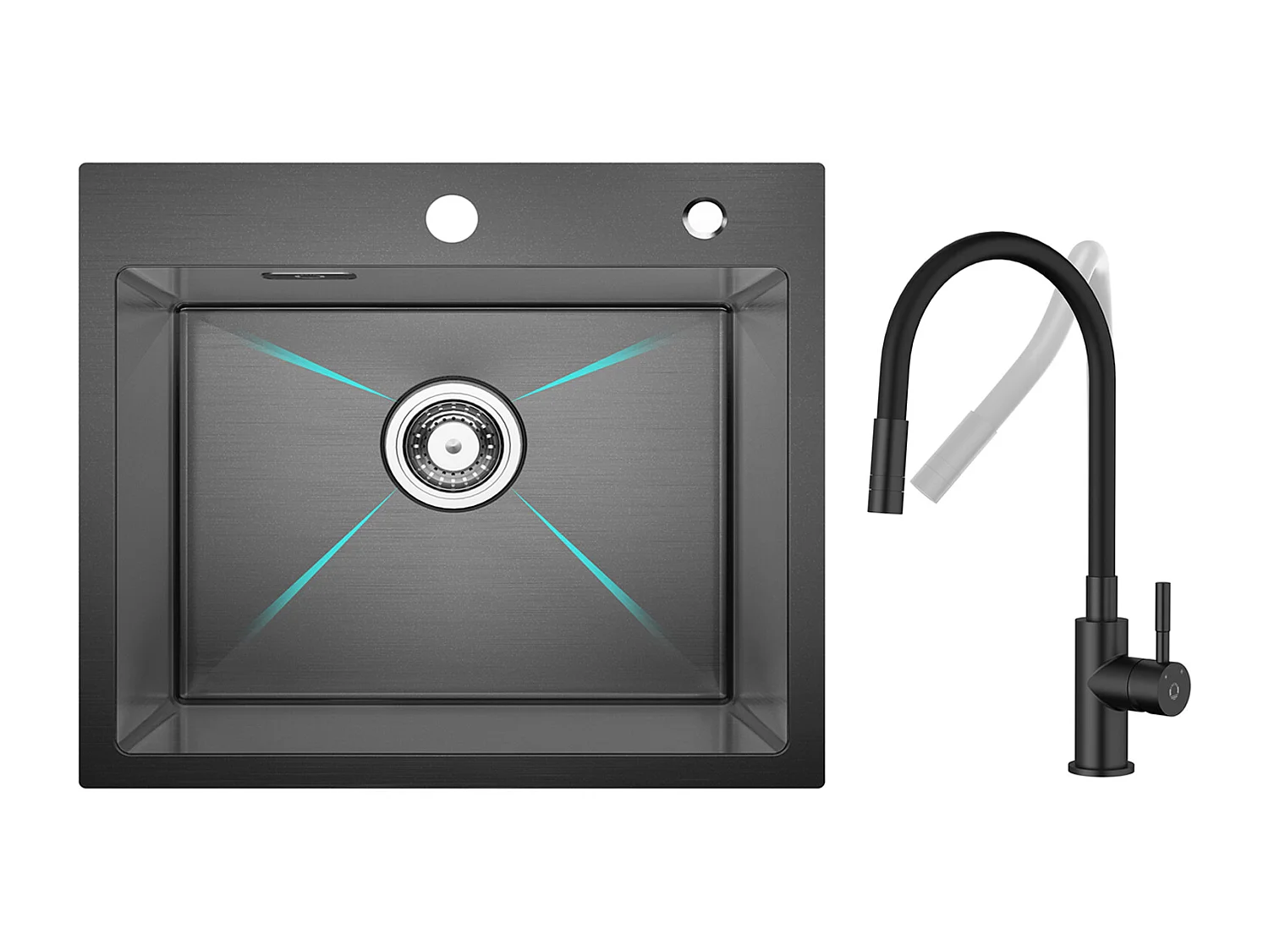 Fregadero de Acero Inoxidable Fregadero de 1 Seno 50×45 cm Fregadero Nanómetro Negro + Mezclador de Cocina Flexible, 2 Tipos de Chorros Grifo Extraíble Negro