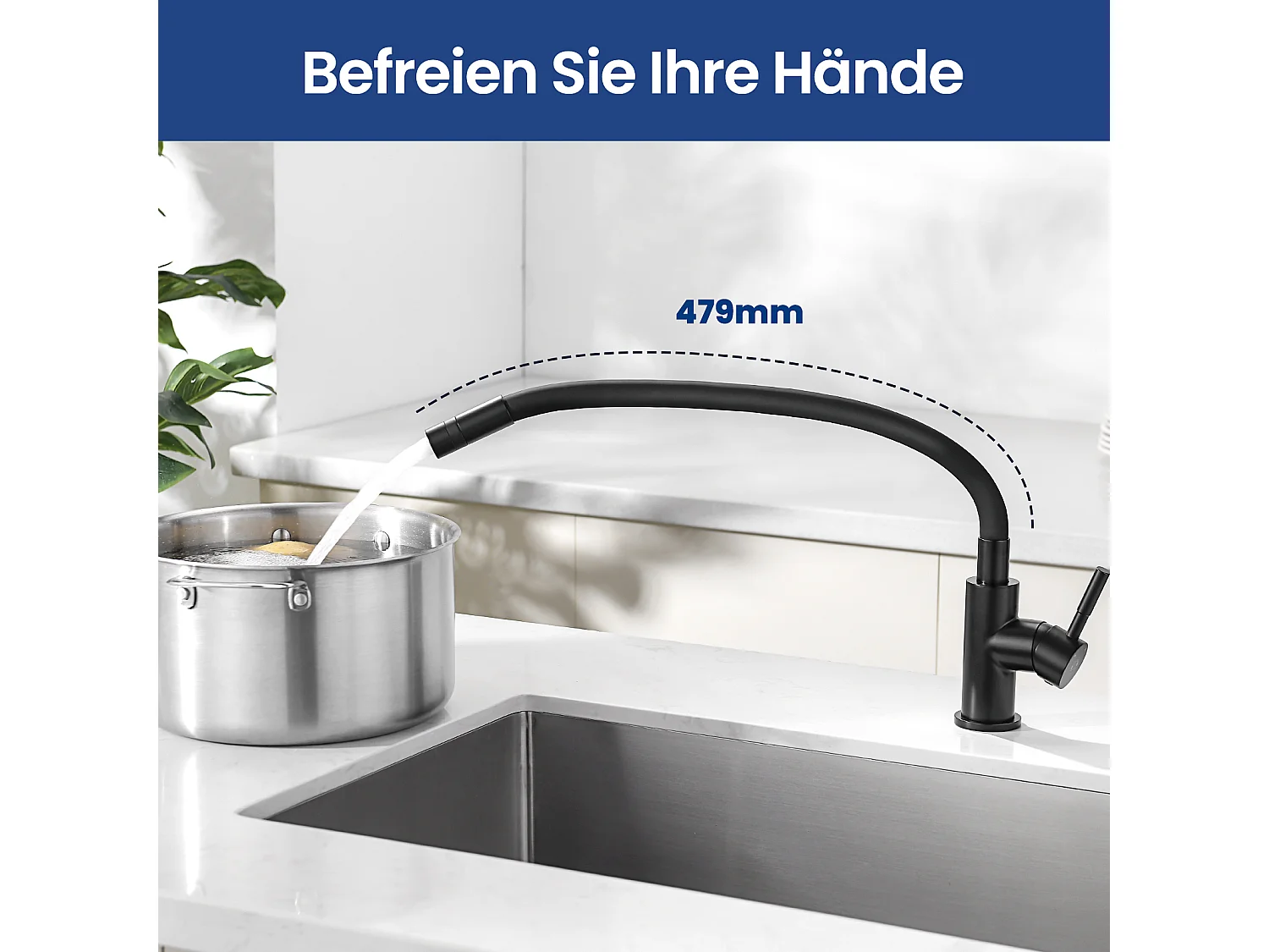 Fregadero de Acero Inoxidable Fregadero de 1 Seno 50×45 cm Fregadero Nanómetro Negro + Mezclador de Cocina Flexible, 2 Tipos de Chorros Grifo Extraíble Negro