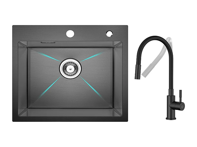 Fregadero de Acero Inoxidable Fregadero de 1 Seno 50×45 cm Fregadero Nanómetro Negro + Mezclador de Cocina Flexible, 2 Tipos de Chorros Grifo Extraíble Negro