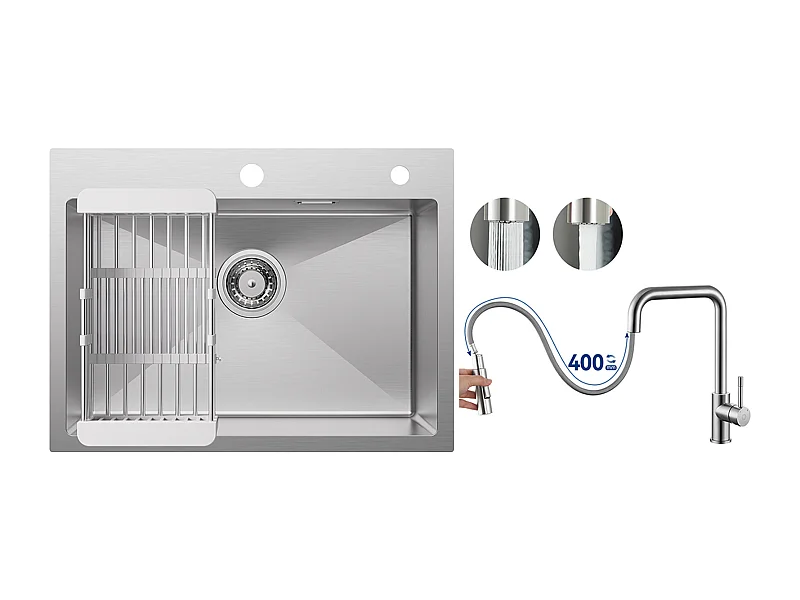 Fregadero de cocina 1 seno 60×45×18CM Fregadero de acero inoxidable cepillado con escurridor + grifo monomando con ducha extraíble, cepillado