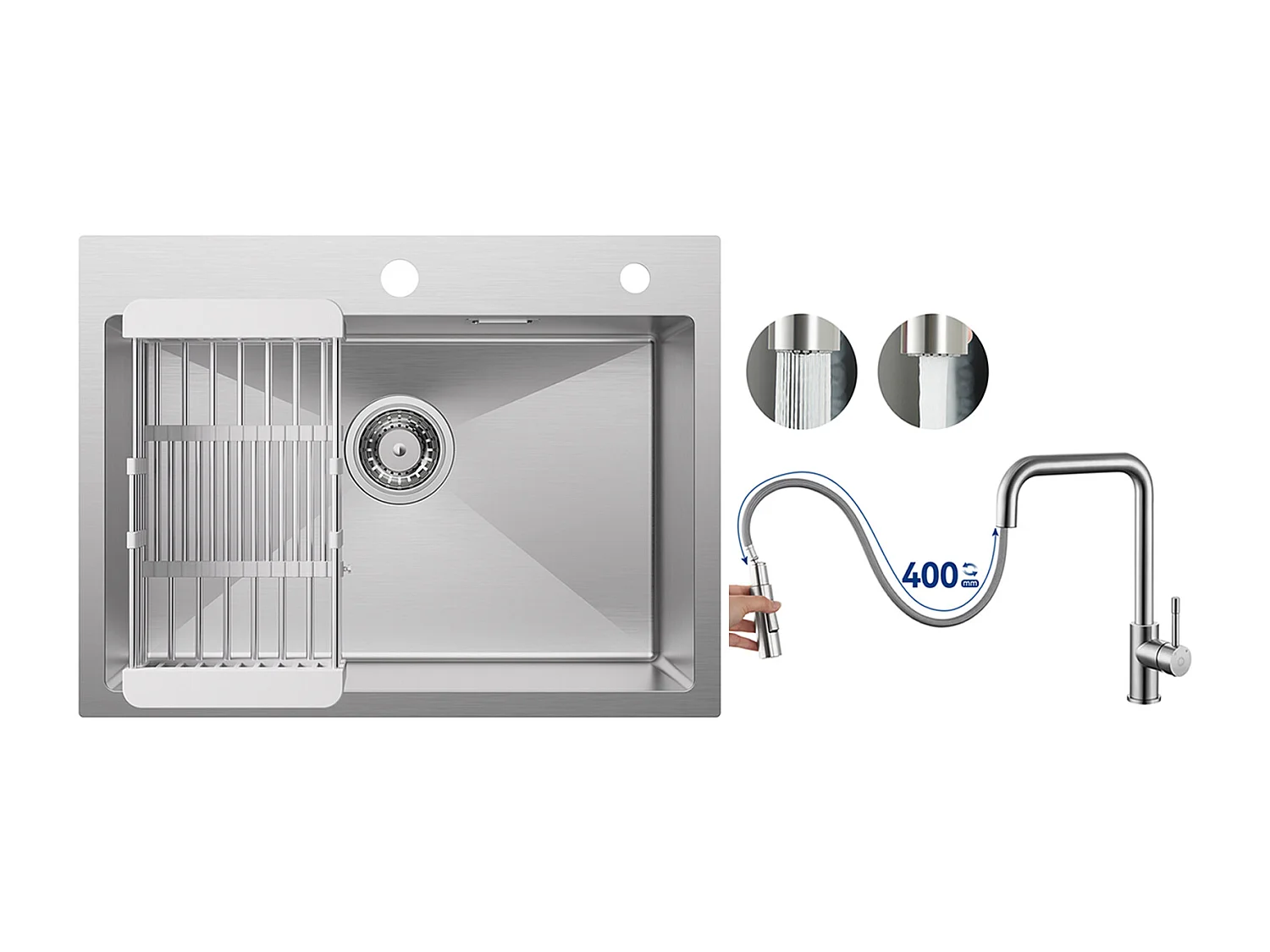 Lavello Cucina 1 Vasca 60×45×18CM Lavello Acciaio Inox Spazzolato con Cestello Scarico + Miscelatore con Doccetta Estraibile, Spazzolato