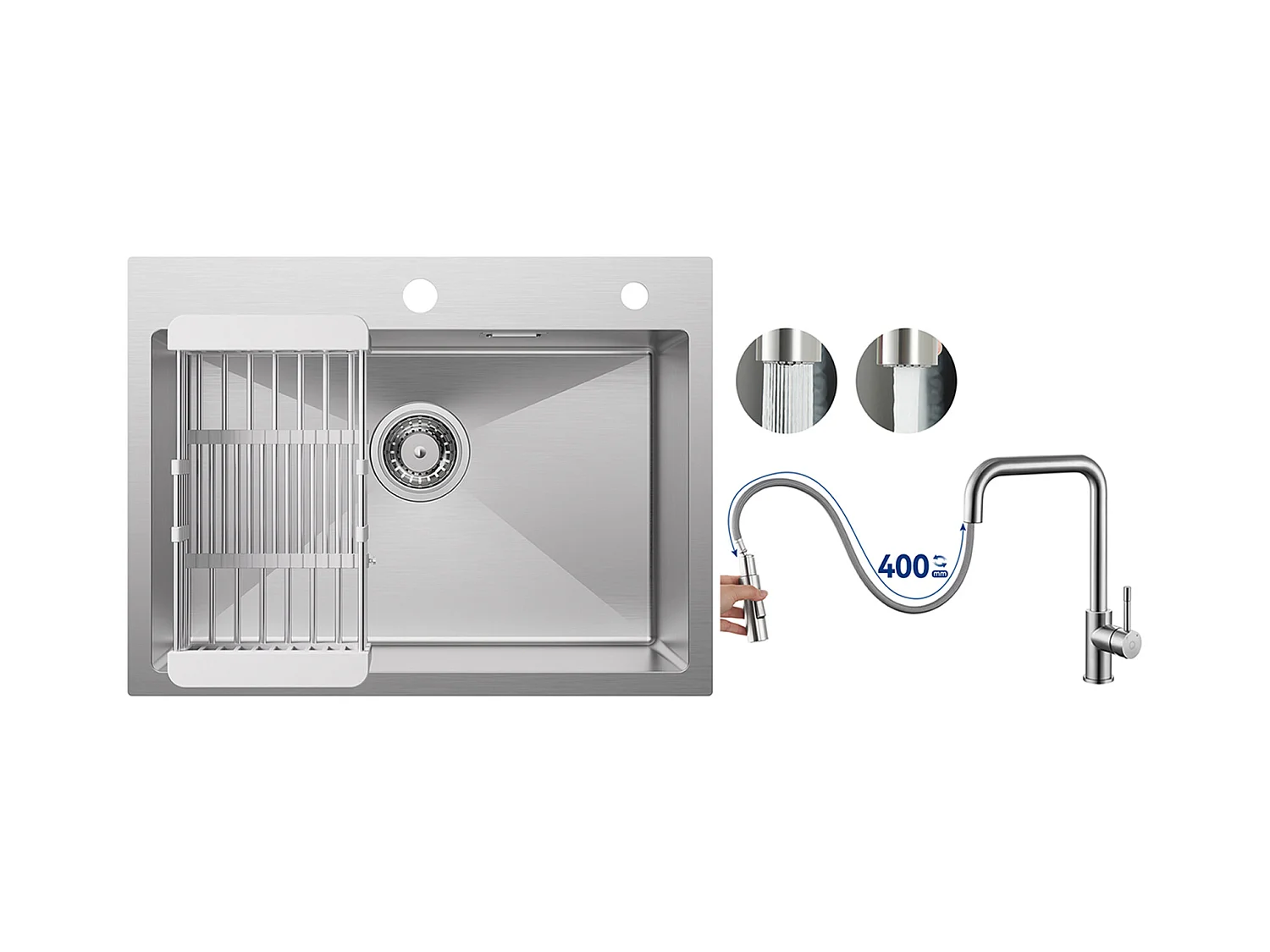 Évier Cuisine 1 Bac 60×45×18CM Évier Inox Brossé avec Panier de Drainage + Mitigeur avec Douchette Extractible, Brossé