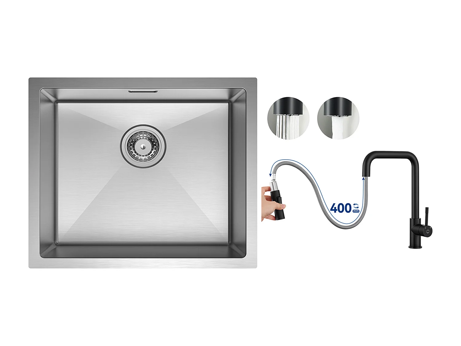 CECIPA MAX Fregadero de Cocina Fregadero de 1 Seno de Acero Inoxidable Cepillado 50*44 CM + Grifo Monomando con Ducha Extraíble, Negro