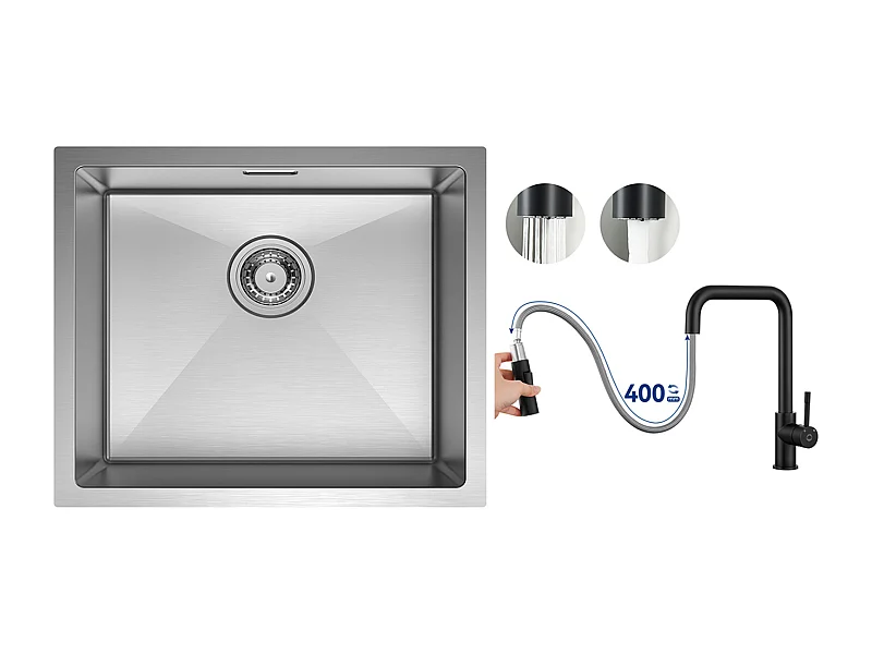 CECIPA MAX Fregadero de Cocina Fregadero de 1 Seno de Acero Inoxidable Cepillado 50*44 CM + Grifo Monomando con Ducha Extraíble, Negro