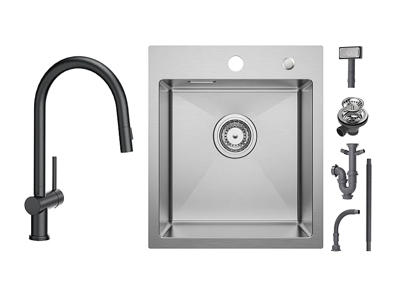 Cecipa max Fregadero de Cocina 1 Seno 40×45 cm Fregadero de Acero Inoxidable Cepillado 1 Seno + Mezclador de Cocina con Ducha Extraíble con 2 Tipos de Ducha Negro