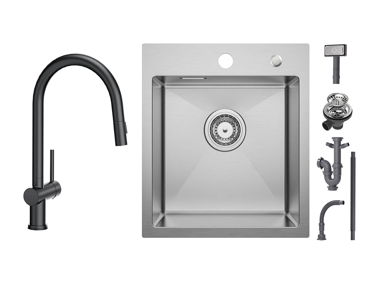 Cecipa max Évier Cuisine 1 Bac 40 × 45 cm Évier Inox Brossé 1 Cuve + Mitigeur de Cuisine avec Douchette Extractible avec 2 Types de Jet Noir