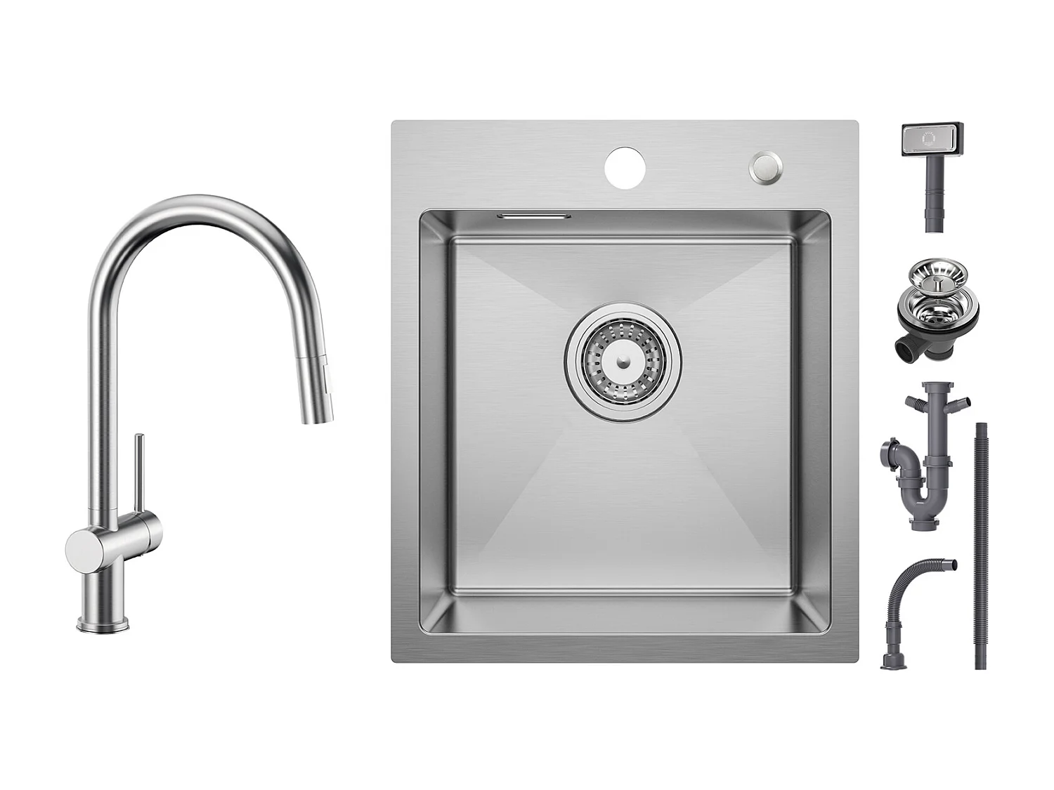 Cecipa max Évier Cuisine 1 Bac 40 × 45 cm Évier Inox Brossé 1 Cuve + Mitigeur de Cuisine avec Douchette Extractible, Robinet en Inox Brossé