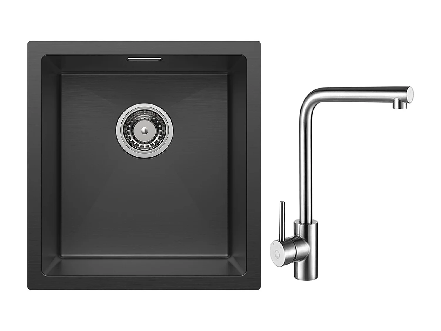 CECIPA MAX Fregadero de acero inoxidable 40*44*19 cm Fregadero de 1 seno Fregadero de cocina negro + Mezclador de fregadero giratorio 360° cepillado