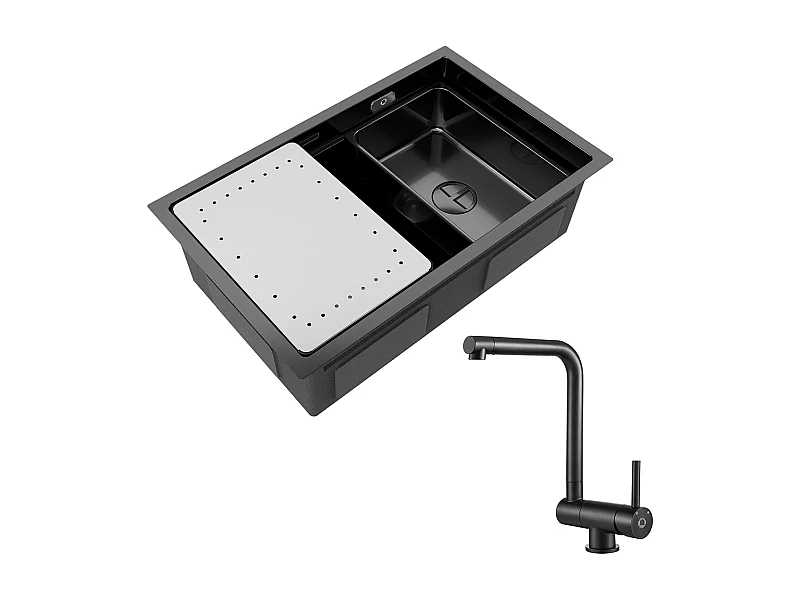 Aanrecht 1 Kom 70×44×21CM Zwarte RVS Spoelbak met Afdruiprek en Wastafel + Zwarte Opvouwbare Keukenmengkraan