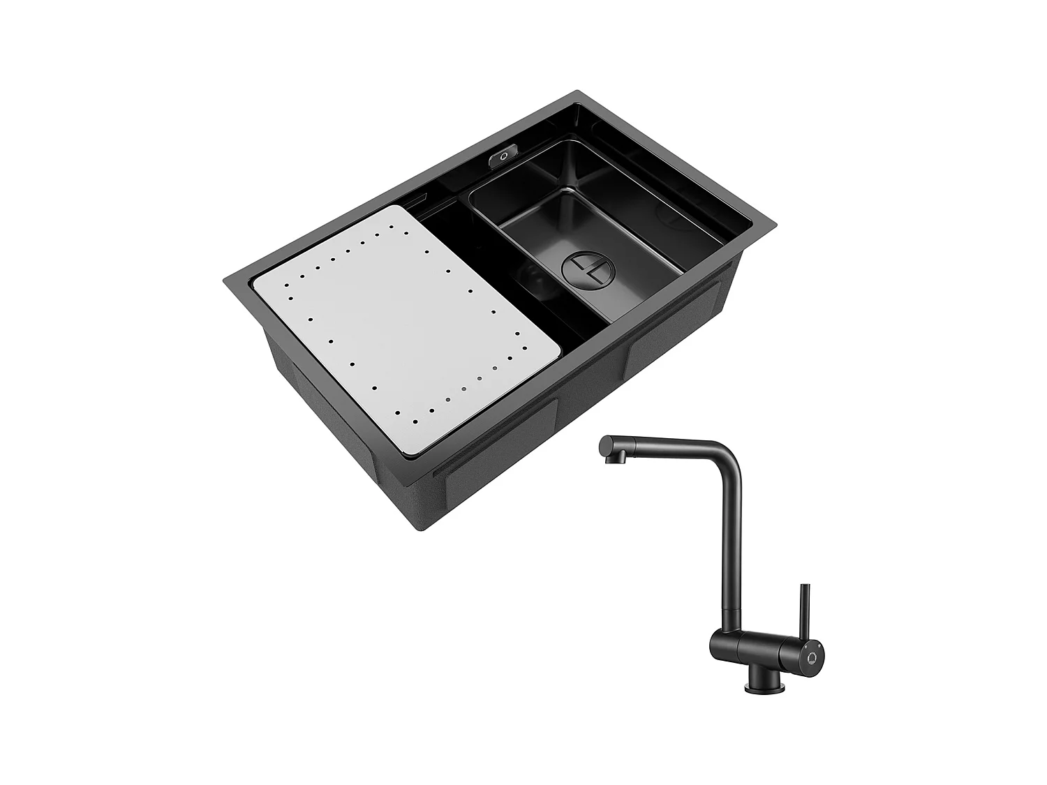 Fregadero de cocina 1 seno 70×44×21CM Fregadero de acero inoxidable negro con escurridor y lavabo + Mezclador de cocina plegable negro
