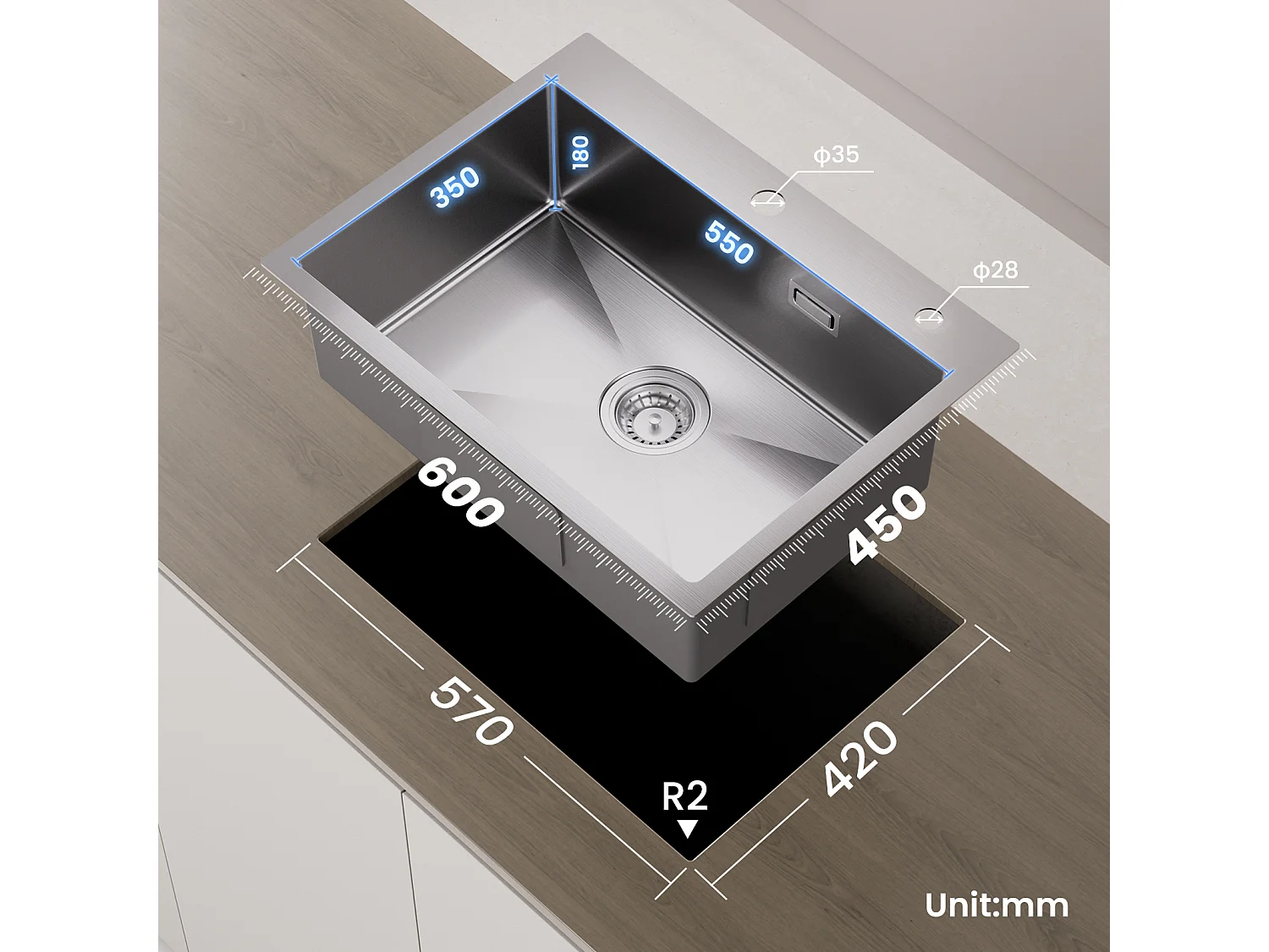 CECIPA MAX 1 spoelbak 60×45cm Geborsteld roestvrijstalen spoelbak met afvoerkorf + keukenmengkraan met uittrekbare straal, 2 waterafvoermodi