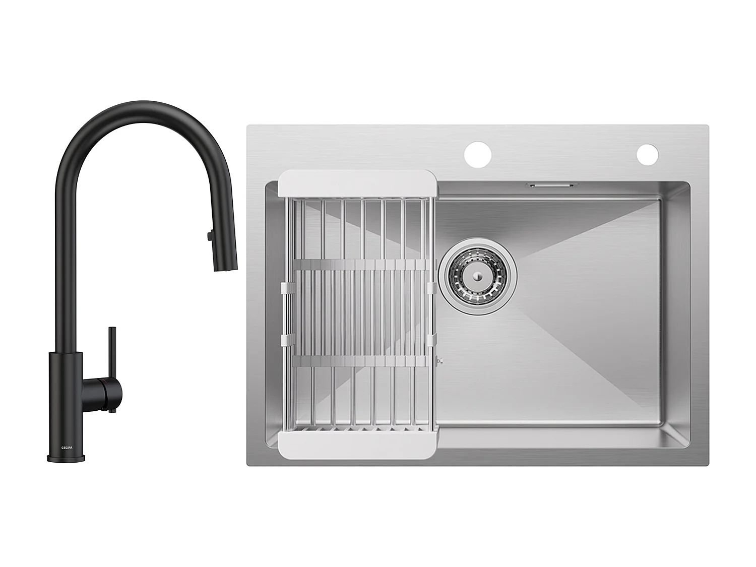 CECIPA MAX Évier 1 Bac 60×45cm Évier Inox Brossé avec Panier de Drainage + Mitigeur de Cuisine Avec Douchette Extractible, 2 Modes de Sortie D'eau