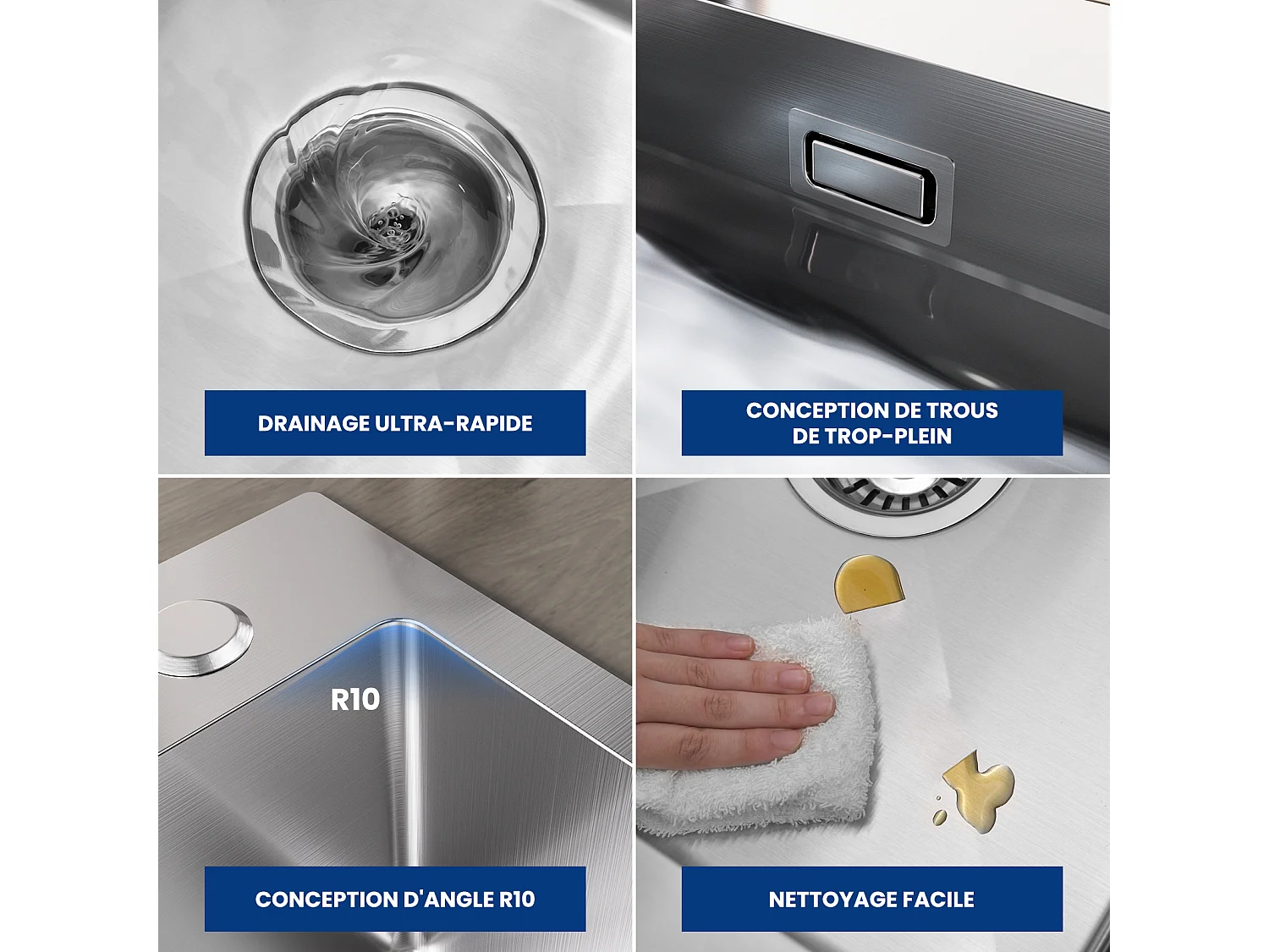 CECIPA MAX Évier 1 Bac 60×45cm Évier Inox Brossé avec Panier de Drainage + Mitigeur de Cuisine Avec Douchette Extractible, 2 Modes de Sortie D'eau