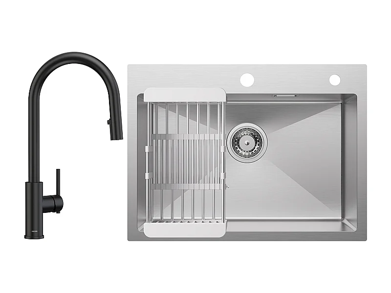 CECIPA MAX 1 spoelbak 60×45cm Geborsteld roestvrijstalen spoelbak met afvoerkorf + keukenmengkraan met uittrekbare straal, 2 waterafvoermodi