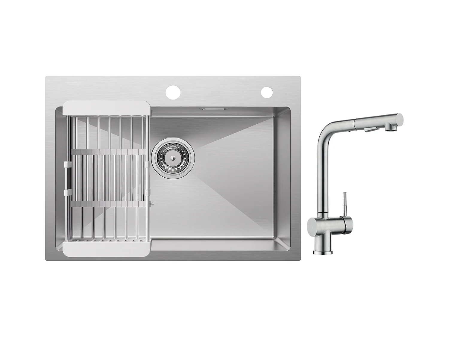 Cecipa max Évier Cuisine 1 Bac 60×45×18CM Évier Inox Brossé avec Panier de Drainage + Robinet avec Douchette Mitigeur d'évier Extractible Brossé
