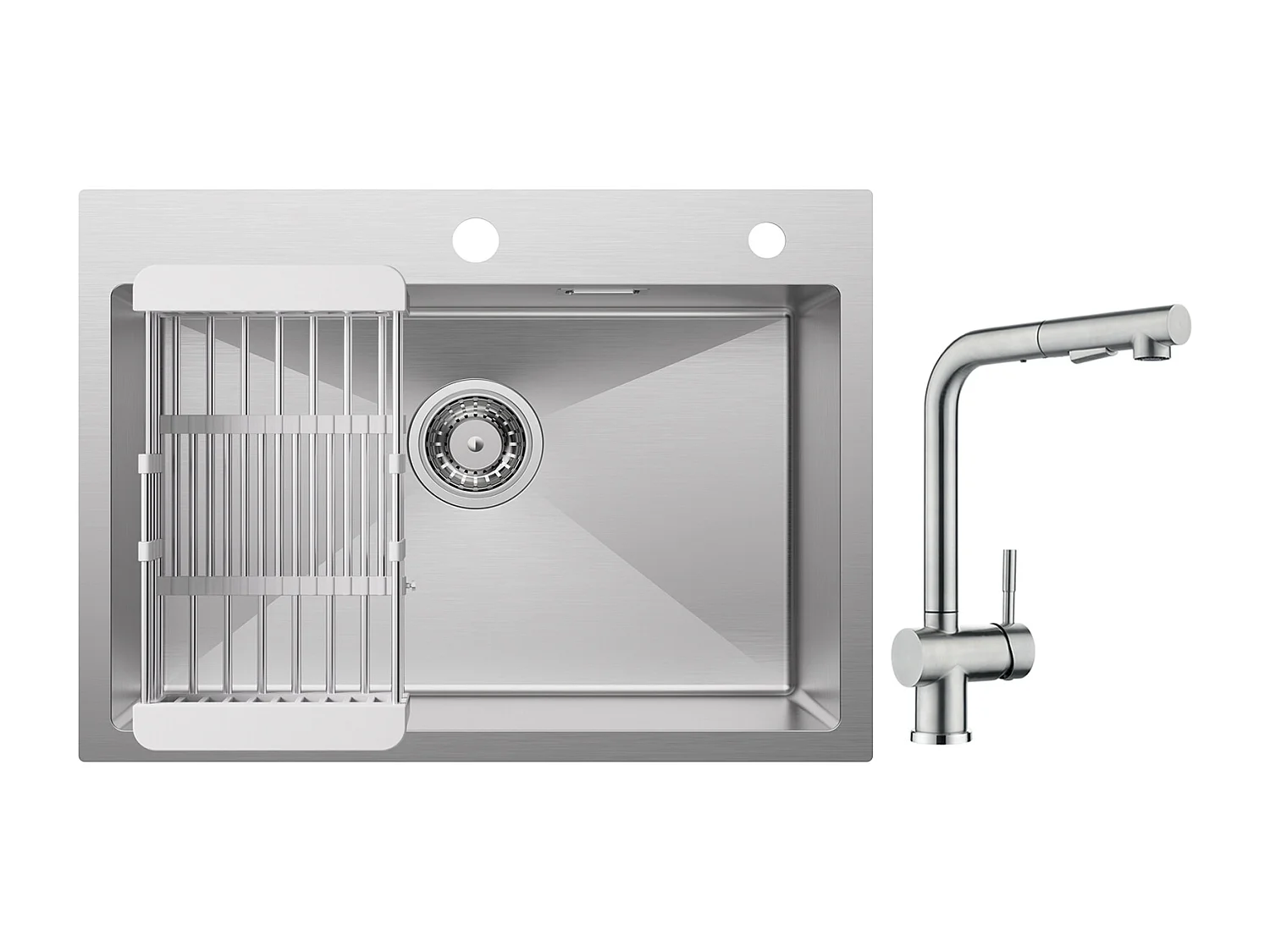 Cecipa max Keukenspoelbak 1 Kom 60×45×18CM Geborsteld RVS Spoelbak met Afvoermand + Kraan met Spray Geborsteld Uittrekbare Spoelbakmengkraan