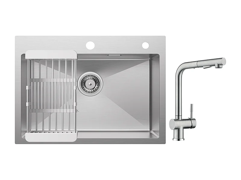 Cecipa max Évier Cuisine 1 Bac 60×45×18CM Évier Inox Brossé avec Panier de Drainage + Robinet avec Douchette Mitigeur d'évier Extractible Brossé