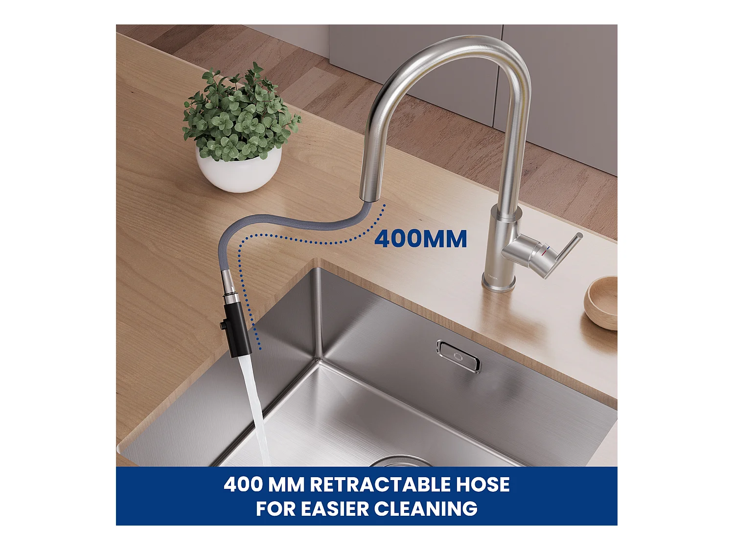 Évier Inox Évier 1 Bac 50×45 cm Évier de Cuisine en Nanomètres Noir + Mitigeur de Cuisine Avec Douchette Extractible, 2 Modes de Sortie D'eau, Brossé