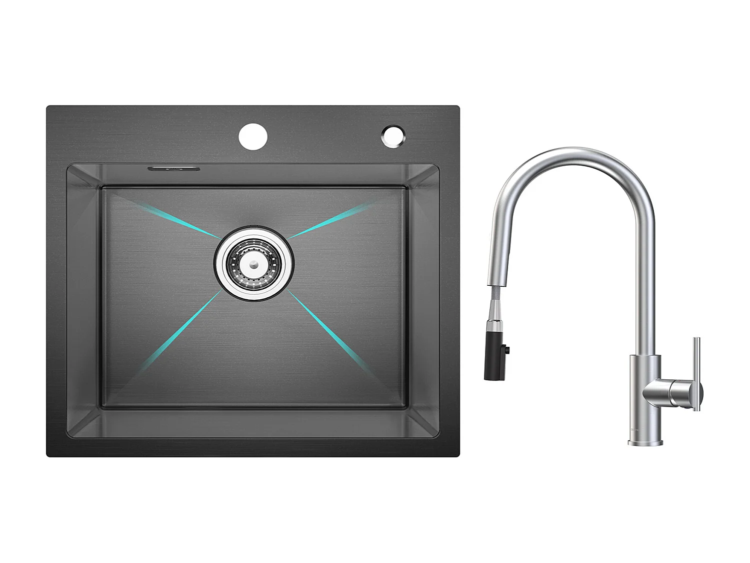 RVS spoelbak 1 spoelbak 50×45 cm zwart nanometer spoelbak + keukenmengkraan met uittrekbare straal, 2 waterafvoermodi, geborsteld