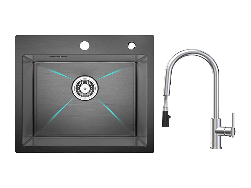 RVS spoelbak 1 spoelbak 50×45 cm zwart nanometer spoelbak + keukenmengkraan met uittrekbare straal, 2 waterafvoermodi, geborsteld