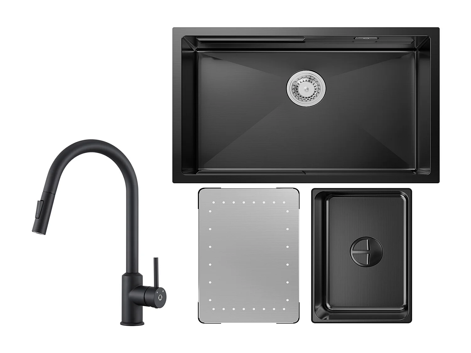 Cecipa max Keukenspoelbak 1 Kom 70×44×21CM Zwart Inbouwspoelbak met Afdruiprek en Wastafel + Keukenmengkraan met Uittrekbare Sproeier - Zwart!