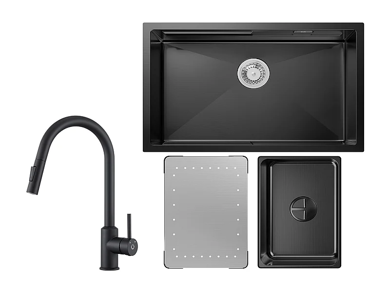 Cecipa max Fregadero de cocina 1 seno 70×44×21CM Fregadero empotrado negro con escurridor y lavabo + Mezclador de cocina con ducha extraíble - ¡Negro!