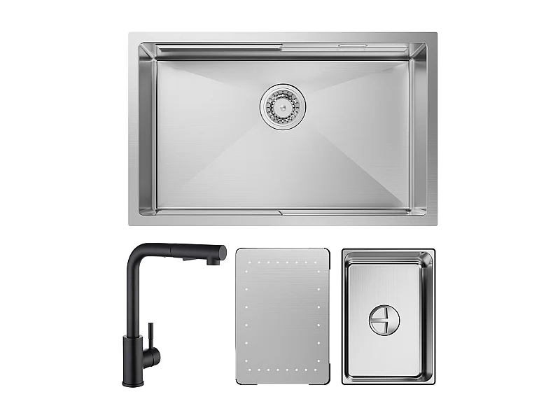 Cecipa max Évier Cuisine 1 Bac 70×44×21CM Évier à Encastrer Inox Brossé avec Egouttoir et Vasque + Mitigeur Cuisine avec Douchette Extractible Noir