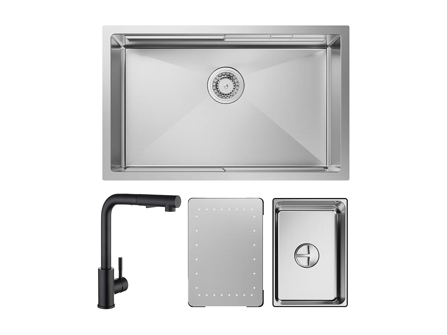 Cecipa max Évier Cuisine 1 Bac 70×44×21CM Évier à Encastrer Inox Brossé avec Egouttoir et Vasque + Mitigeur Cuisine avec Douchette Extractible Noir