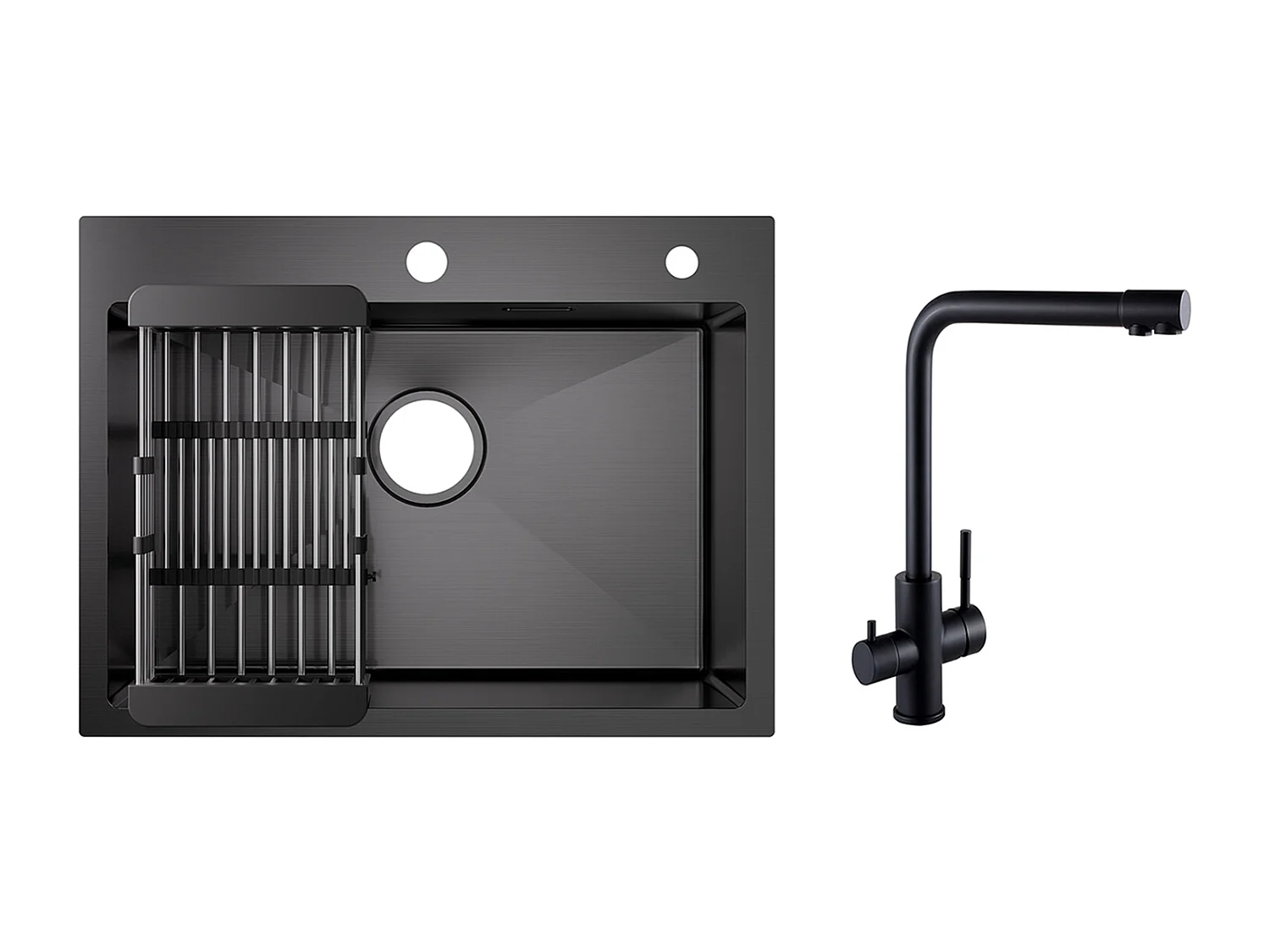 Évier Cuisine 1 Bac 60×45×18CM Évier Inox Noir avec Panier de Drainage + Mitigeur Evier à 3 Voies, 2 Leviers, Noir