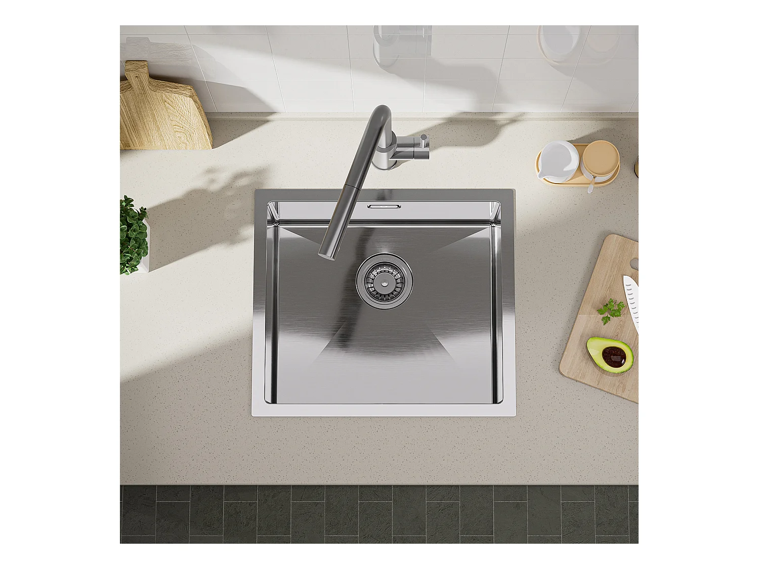 CECIPA MAX Évier de Cuisine 1 Bac Brossé Évier Inox 50*44CM + Robinet de Cuisine à eau Froide,Noir