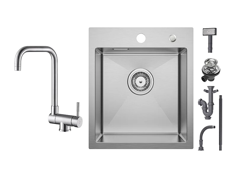 Cecipa max Spüle 1 Becken 40×45 cm Edelstahl gebürstet Spüle 1 Becken + klappbare Küchenarmatur Klappbare Spültischarmatur aus Edelstahl vor gebürstetem Fenster