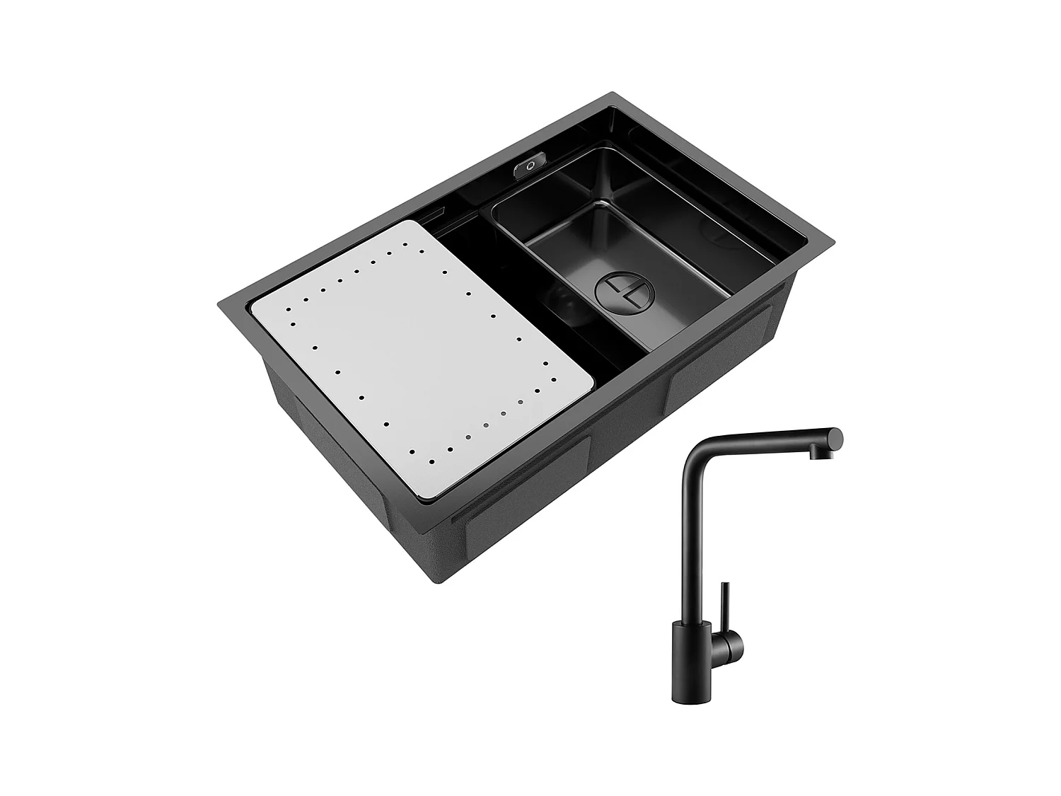 Évier Cuisine 1 Bac 70×44×21CM Évier Inox Noir avec Egouttoir et Vasque + Mitigeur de Evier Noir Rrotatif à 360 °